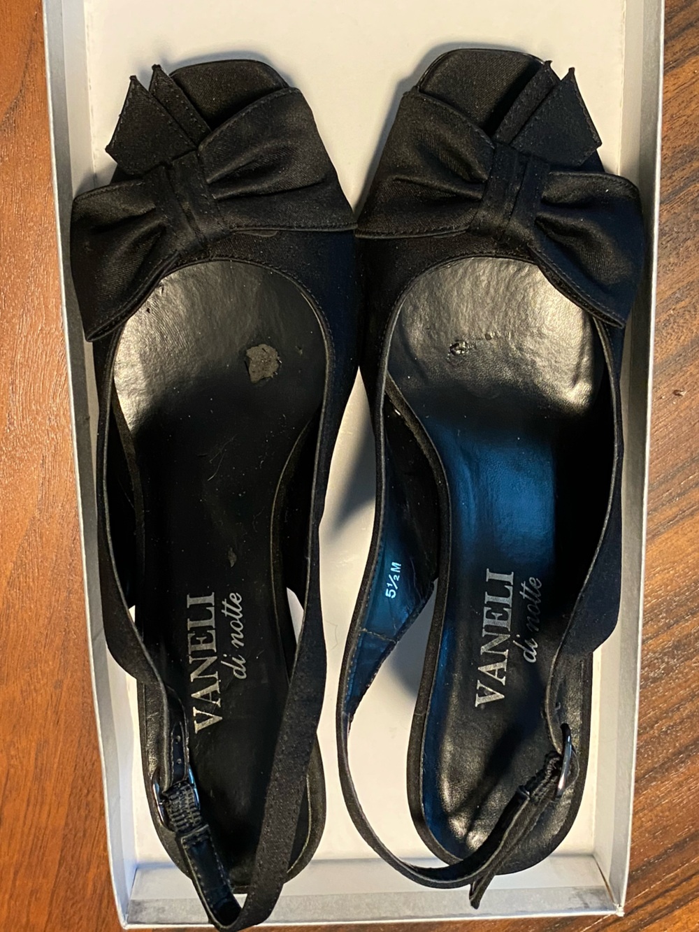 Vaneli Black Satin Open-Toe Heels  with Bow